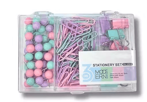AccuPrints Pastel Stationery Clip Set with Push Pins, Paper Clips & Binder Clips – 3 Compartment Organizer Box
