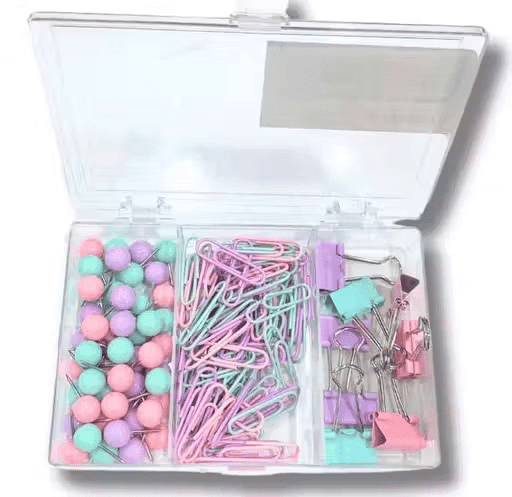 AccuPrints Pastel Stationery Clip Set with Push Pins, Paper Clips & Binder Clips – 3 Compartment Organizer Box view 2