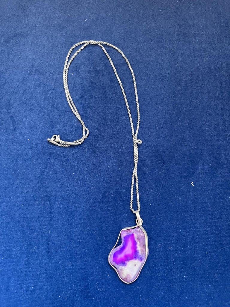 TULIP Traditional Artisians' Upliftment Livelihood Program Purple Agate Slice Pendant Necklace, Silver Chain, Geode Stone, Irregular Shape view 2