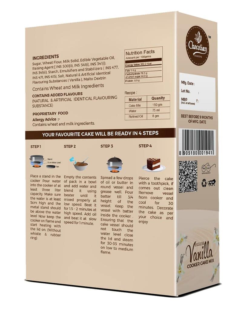 Chocolian Bakers Eggless Chocolate Cooker Cake Mix and Vanilla Cooker Cake Mix Powder | Instant Cake Mix Powder | 4 Step Cake Mix | Mix, Pour, Bake & Serve | Moist Cake | 150 Grams of Each view 2
