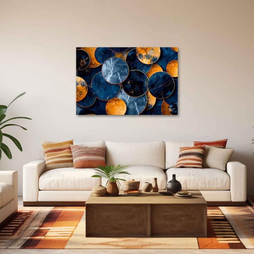 BLUE AND ORANGE ABSTRACT CIRCLES 24in X 16in WITH BLACK FRAME