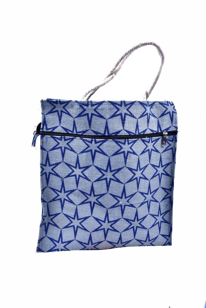 Handcrafted Jute Tote Bag with Blue Starburst Print