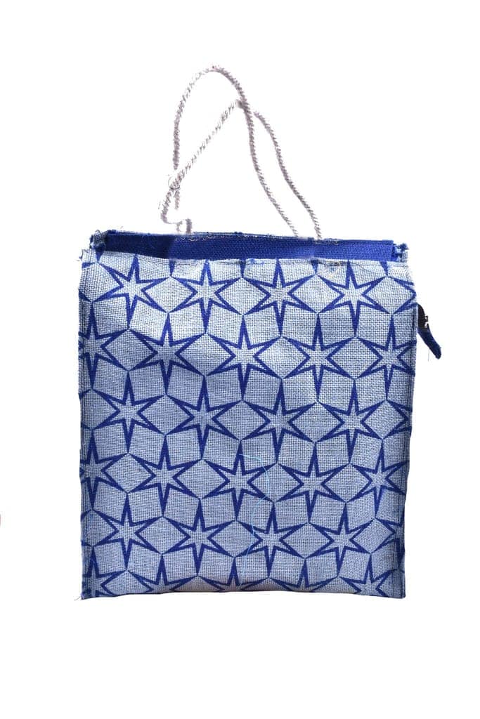 Handcrafted Jute Tote Bag with Blue Starburst Print view 2