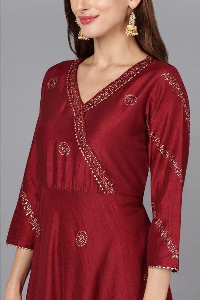 Maroon Silk Blend Anarkali Woven Design Kurta Pant With Dupatta PKSKD1915 view 2
