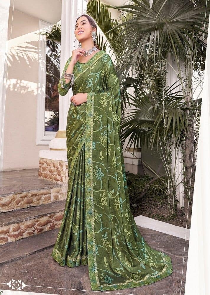 Digital Printed Georgette Saree in Olive Green