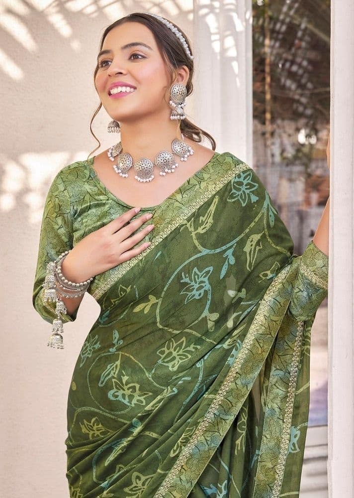 Digital Printed Georgette Saree in Olive Green view 2