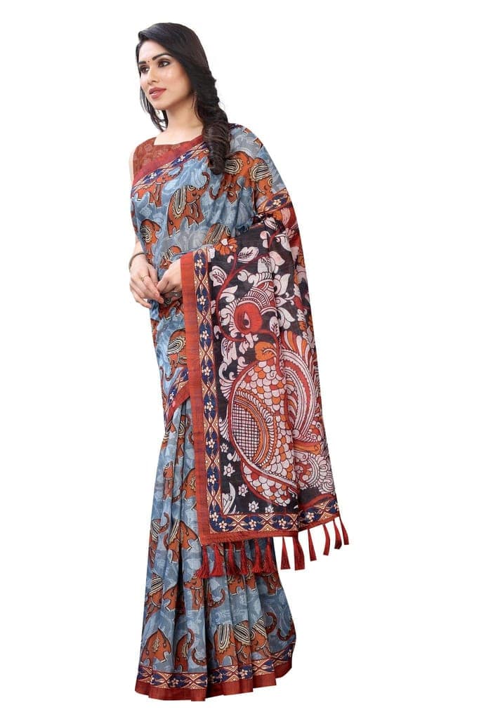 Silk Zone Women's Ajrakh Kalamkari Cotton Digital Printed Tassel Saree with Blouse Piece view 2