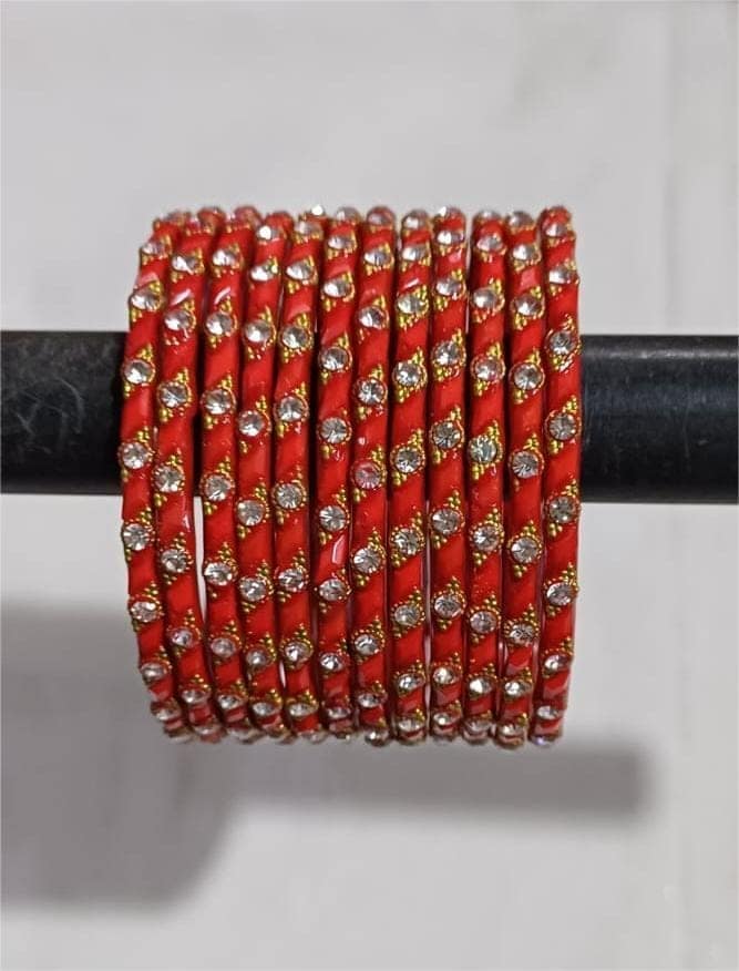 Red and White Glass Bangles with Rhinestones - Set of 12