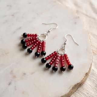 Handcrafted Red & Black Beaded Drop Earrings