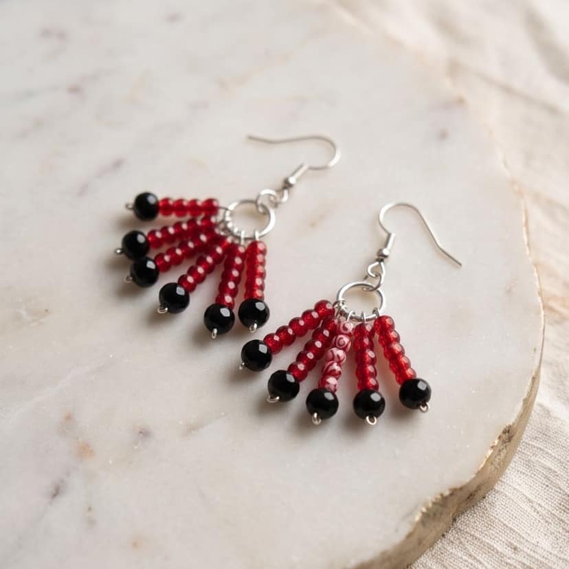 Handcrafted Red & Black Beaded Drop Earrings