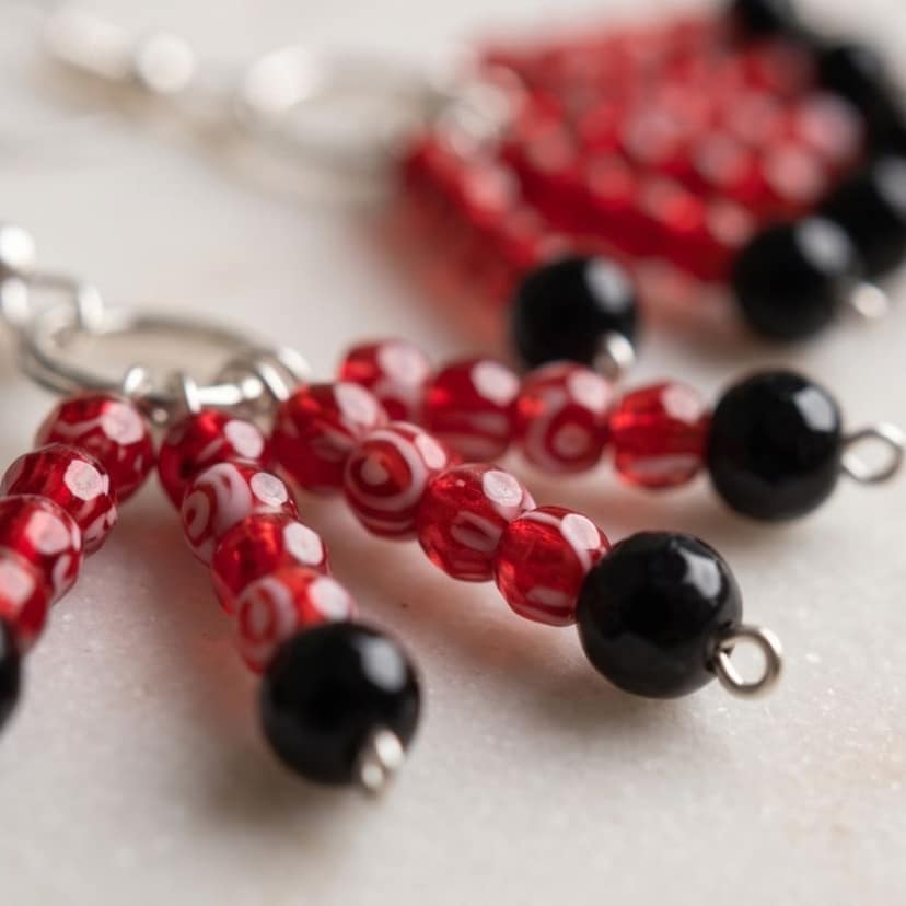 Handcrafted Red & Black Beaded Drop Earrings view 2
