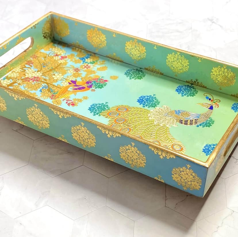 The Mohraj Peacock Theme Rectangular MDF Tray with Gold Foil Finish