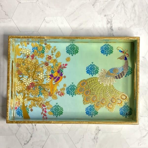 The Mohraj Peacock Theme Rectangular MDF Tray with Gold Foil Finish view 2