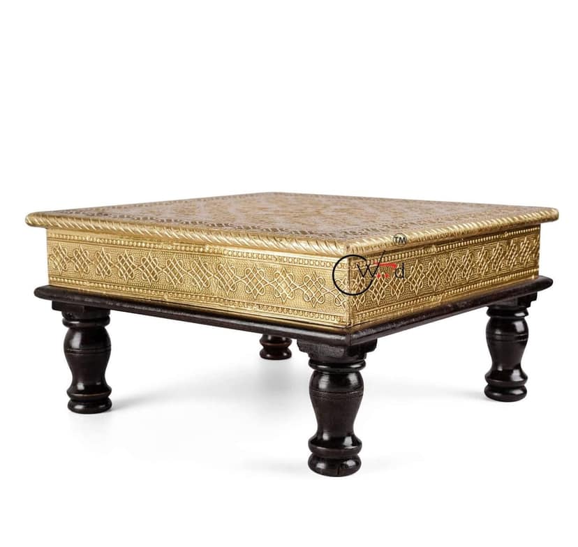 Wood To Cart® Pooja Bajot Stool/Pooja Decor/Chowki/Patla/Chowki for Daily Prayer/Sitting Chowki for All Purpose(Gold bajot-12x12x6 inches) view 2