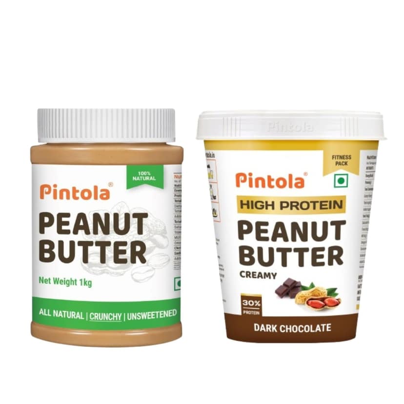 Pintola HIGH Protein Peanut Butter (Dark Chocolate) (Creamy, 1kg) | 30% Protein | High Fibre | NO Salt & Pintola All Natural Peanut Butter (Crunchy) (1kg) view 2
