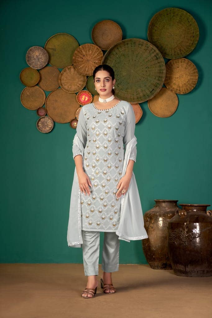 Grey Georgette Heavy Embroidery Foil Mirror Work Four Side Lace Dress Material view 2