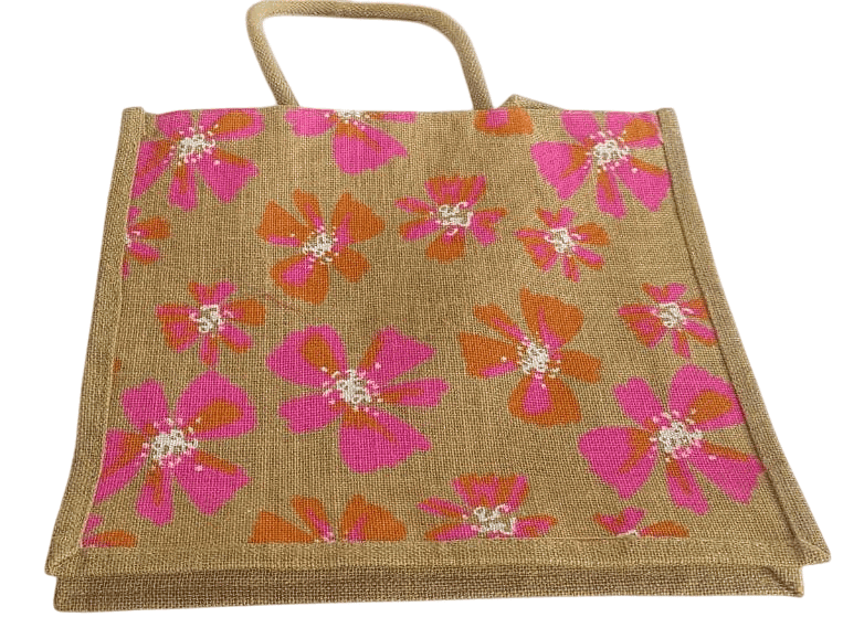 Floral printed jute tote bag with double handles view 2