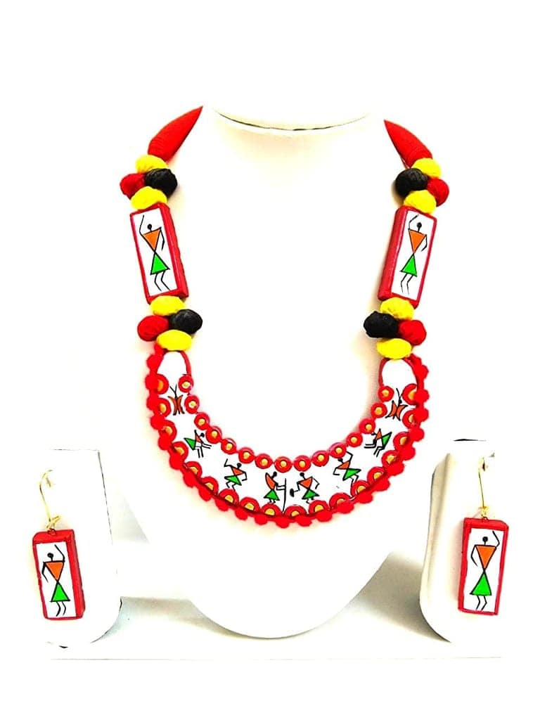EKAM EK terracotta neckset with earrings for women and girls in white colour warli design for casual and formal wear for saree, suit and skirt for festivals view 2