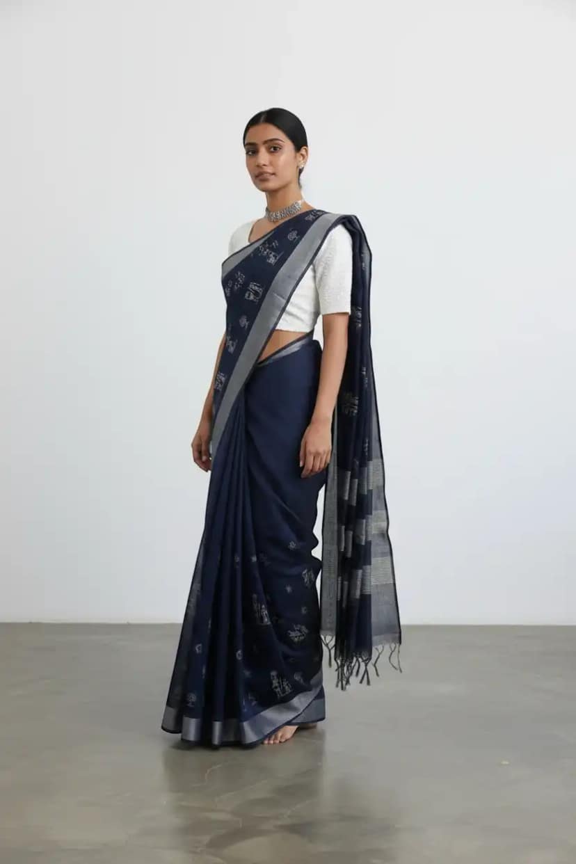 Handwoven Sambalpuri Pure Cotton Saree, Navy with Silver Border
