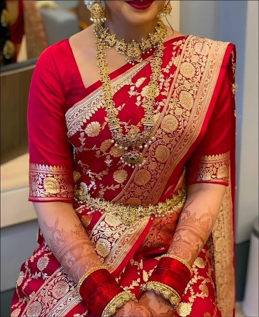 Women's Bridal Red Banarasi Silk Saree with Rich Golden Zari Weaving | Designer Dulhan Wedding Saree with Blouse Piece view 2