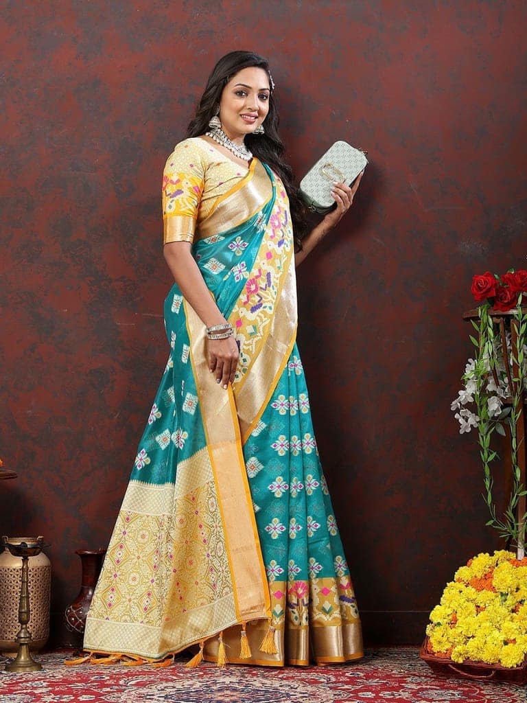 Teal Organza Silk Woven Design with Meenakari Weaving Saree view 2
