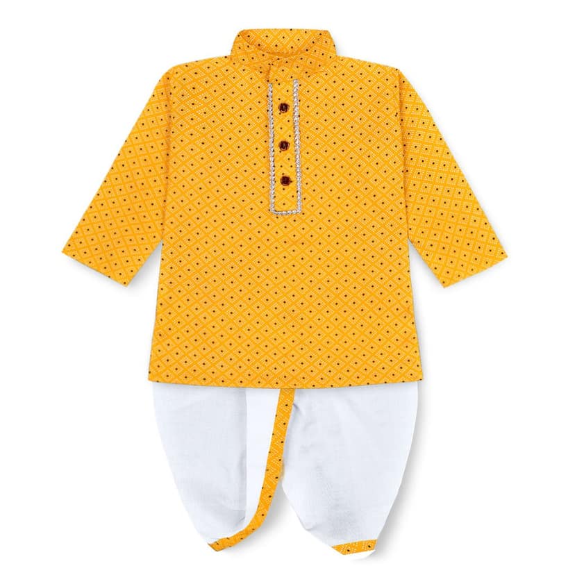 mustmom Traditional Baby Boys & Girls Full Sleeve Ethnic Dress Lungi Dhoti Kurta Set Yellow Festival Wear