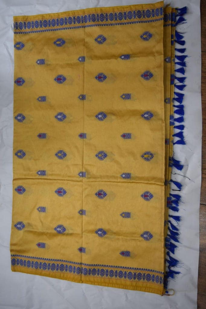 Traditional Silk Saree with Blouse, Yellow and Blue, Handloom Weave, Paisley and Geometric Motifs, Tassel Border view 2