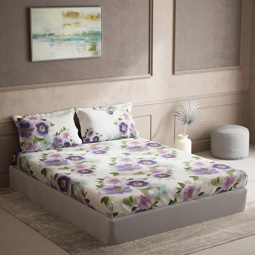 DDECOR - Cherish Collection 100% Cotton Floral Pattern 150TC Super King |274 CM X 274 CM| with 2 Pillow Covers - Purple