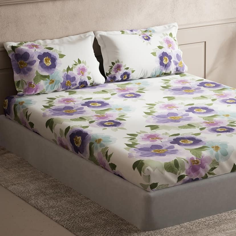 DDECOR - Cherish Collection 100% Cotton Floral Pattern 150TC Super King |274 CM X 274 CM| with 2 Pillow Covers - Purple view 2