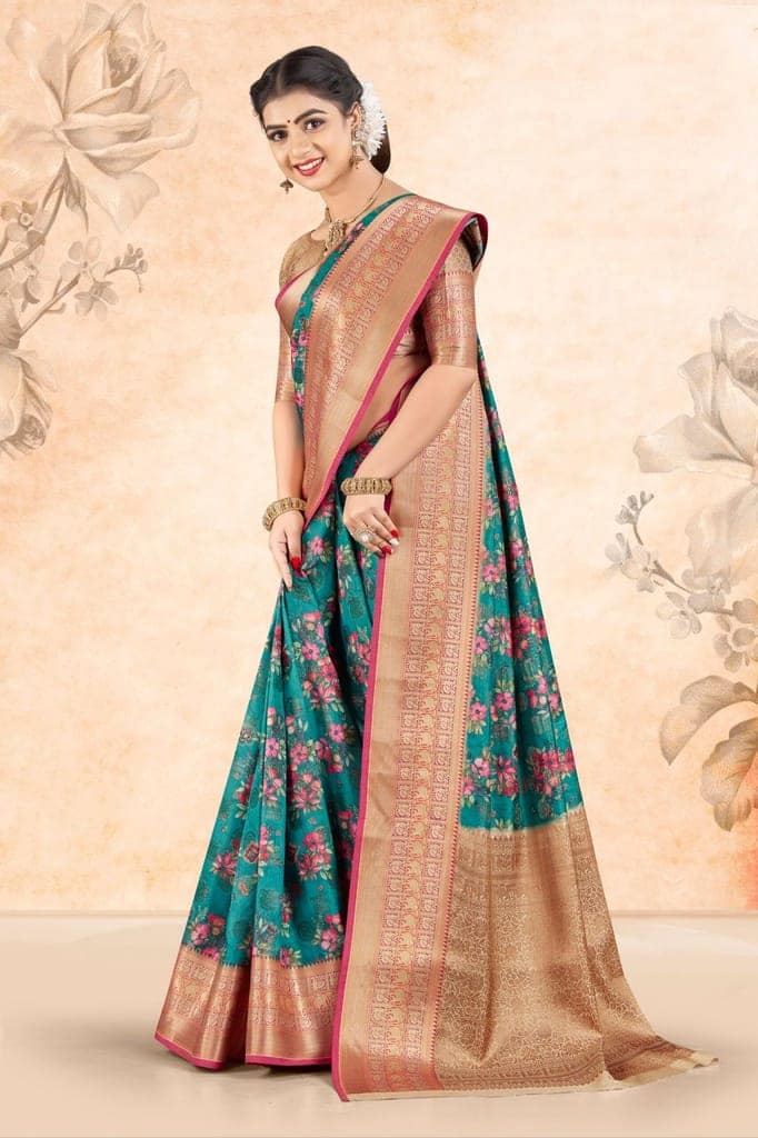 Digital Printed Art Silk Saree in Blue