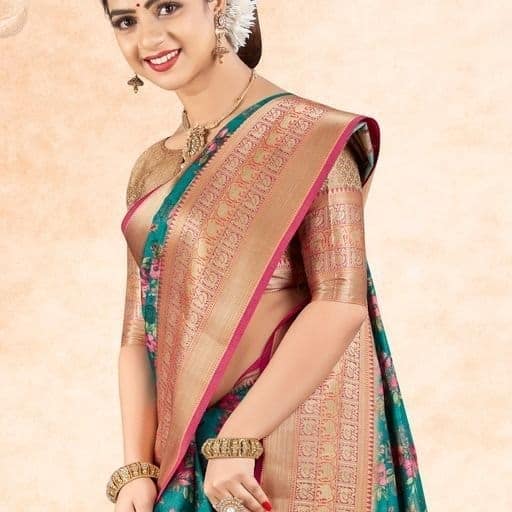 Digital Printed Art Silk Saree in Blue view 2