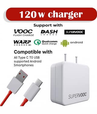 120W Super Fast Charger with Type-C Cable, Compatible with VOOC, DASH, WARP, Qualcomm Quick Charge & Android Smartphones, High-Speed Power Adapter for Rapid, Safe & Reliable Charging Anywhere
