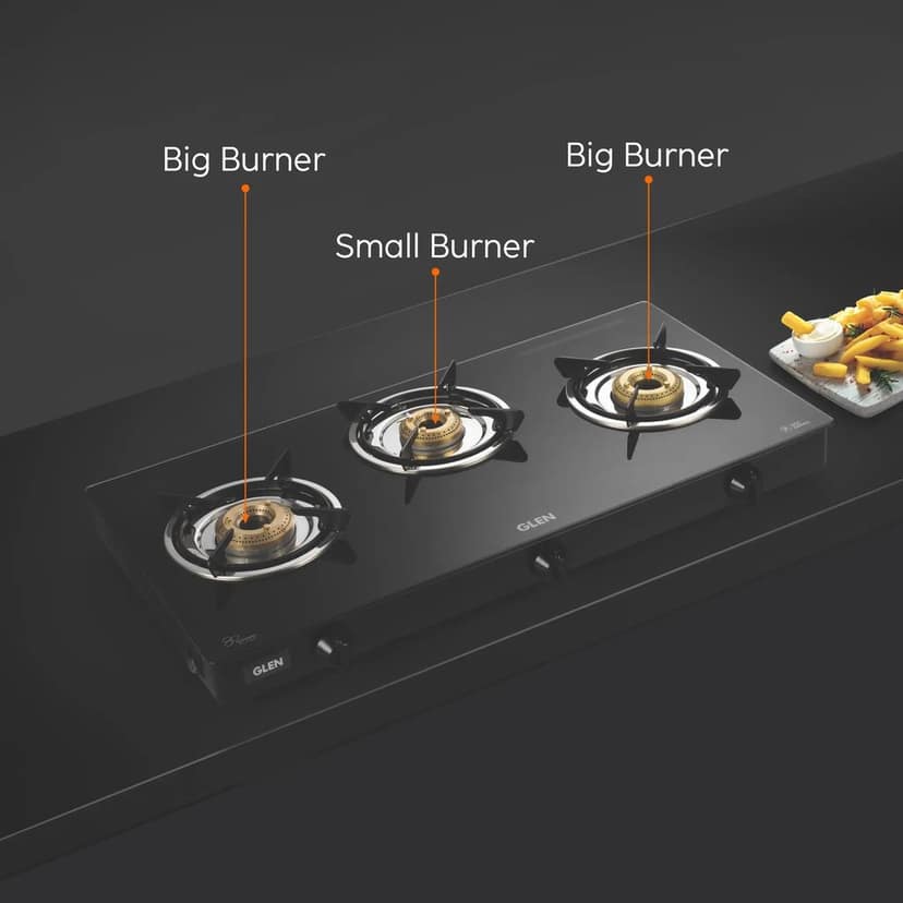 3 Burner Glass Gas Stove with Brass Burner Black (CT1037GTBBBL) view 2