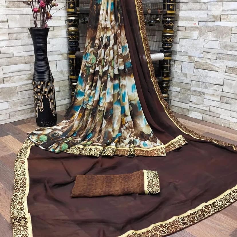 KHUSHBOO DESIGNERS Women's Solid Georgette 5.5 Meter Saree with Unstitched Blouse Piece (Brown) view 2