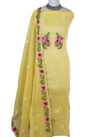 Kota Doria Dress Material Lemon Yellow Floral Yoke