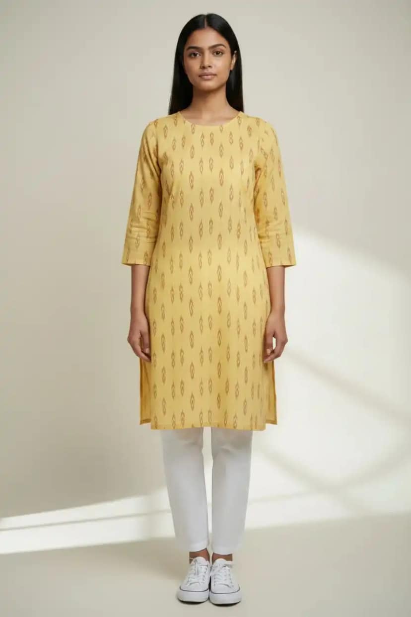 Handwoven Sambalpuri Bandhakala Cotton Kurti in Yellow view 2