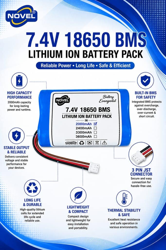 NOVEL 7.4V 18650 BMS LITHIUM ION DUAL BATTERY PACK WITH DC FEMALE- 2000mAh view 2