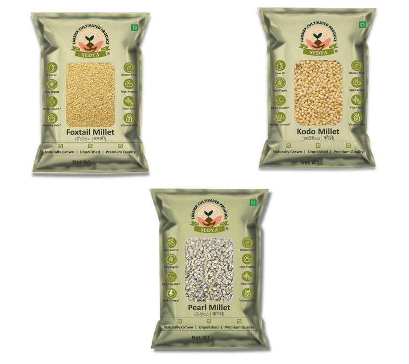Sedya Three Millet Combo Whole Grains | Foxtail, Kodo & Pearl Millet | Certified Low GI | Korralu / Varagu / Sajje | Gluten Free | Unpolished, Toasted, No Soaking Required | High Plant Protein & Fibre | Total 1.5 Kg (500 g Each Pack)