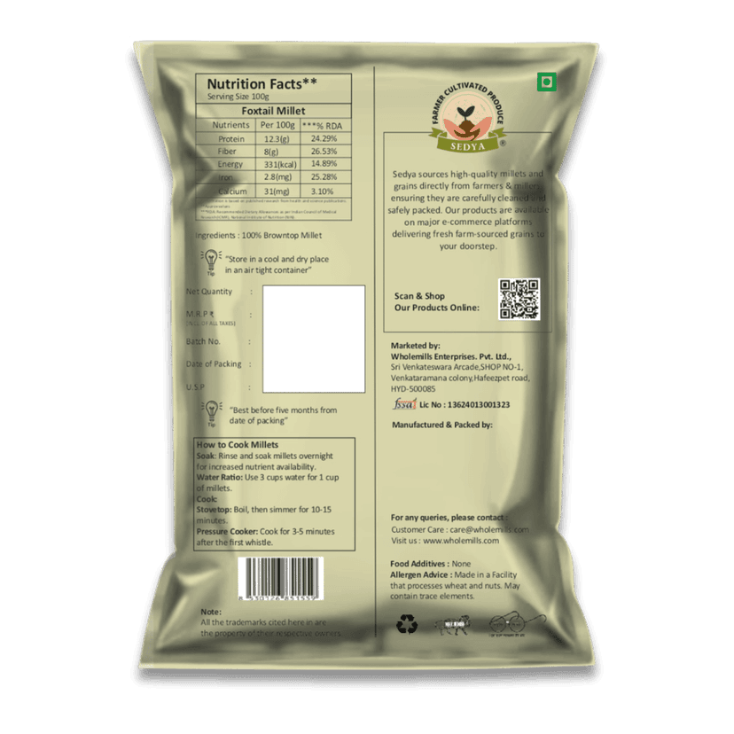 Sedya Three Millet Combo Whole Grains | Foxtail, Kodo & Pearl Millet | Certified Low GI | Korralu / Varagu / Sajje | Gluten Free | Unpolished, Toasted, No Soaking Required | High Plant Protein & Fibre | Total 1.5 Kg (500 g Each Pack) view 2