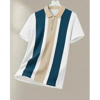 Ausk Mens Teal Blue, White Checkered Cotton Blend Polo T-Shirt