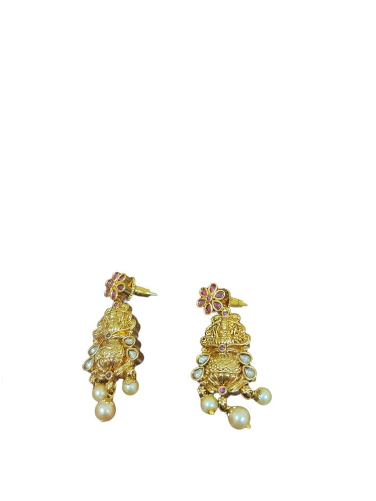Gold-plated traditional Indian necklace set with intricate detailing and pearl drops, perfect for weddings and special occasions view 2
