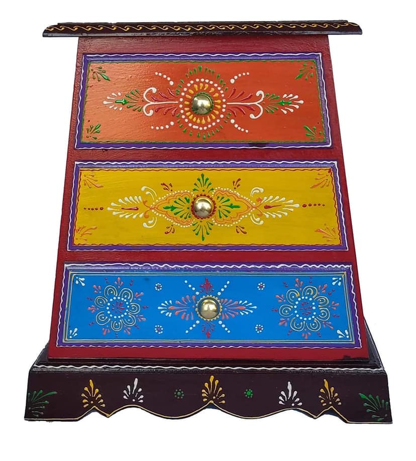 Wood To Cart® Round Handcrafted and 3 Drawer Hand-Painted Wooden Stool, Cum Side Table for Home/Office/Living and Bedroom Decor (Multicolor) view 2