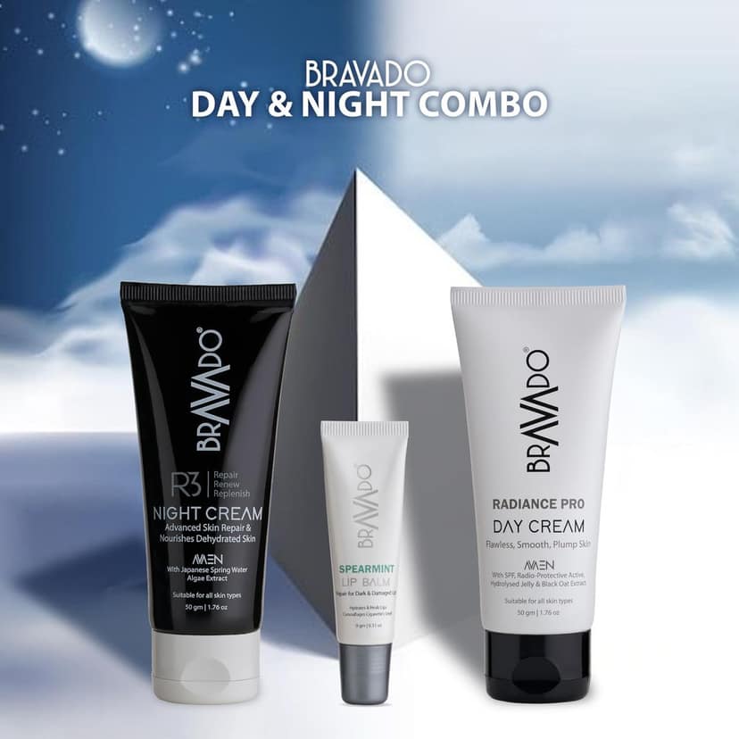 Bravado Personal Grooming 3 In 1 Day & Night Cream Combo Kit - Pack contain - Radiance Pro Day cream, R3 Repair Replenishment Night cream, Lip Balm Spearmint - 109g (Set of 3 Products) view 2