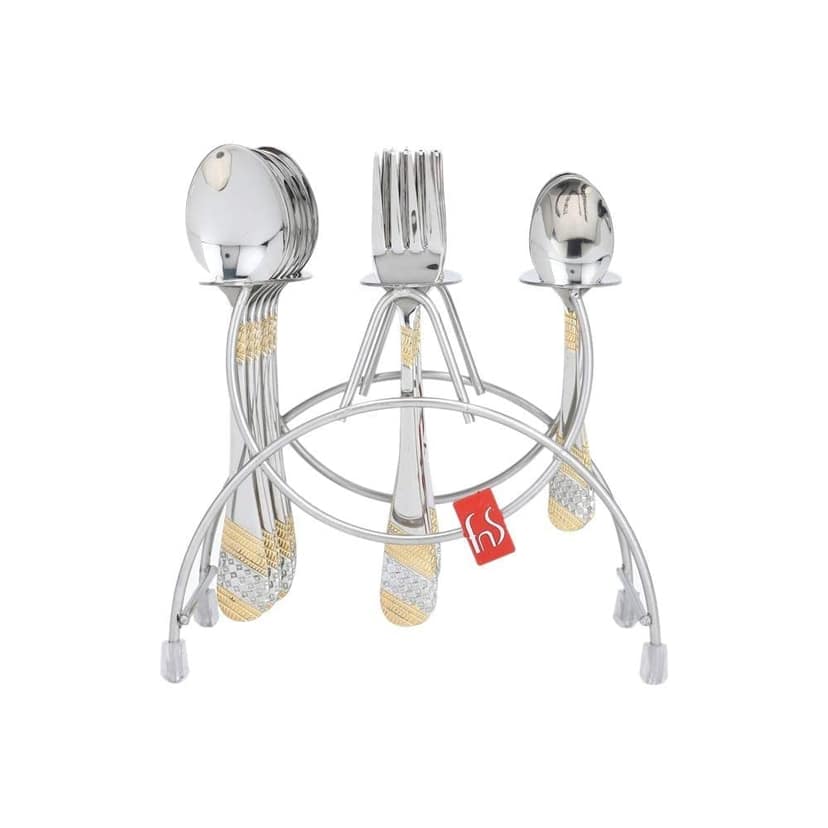 FnS Imperio 18 PC Premium Stainless Steel 24 Karat Gold Plated Cutlery Set (6 Dinner Spoons, 6 Dinner Forks, 6 Tea Spoons & 1 Hanging Stand) view 2