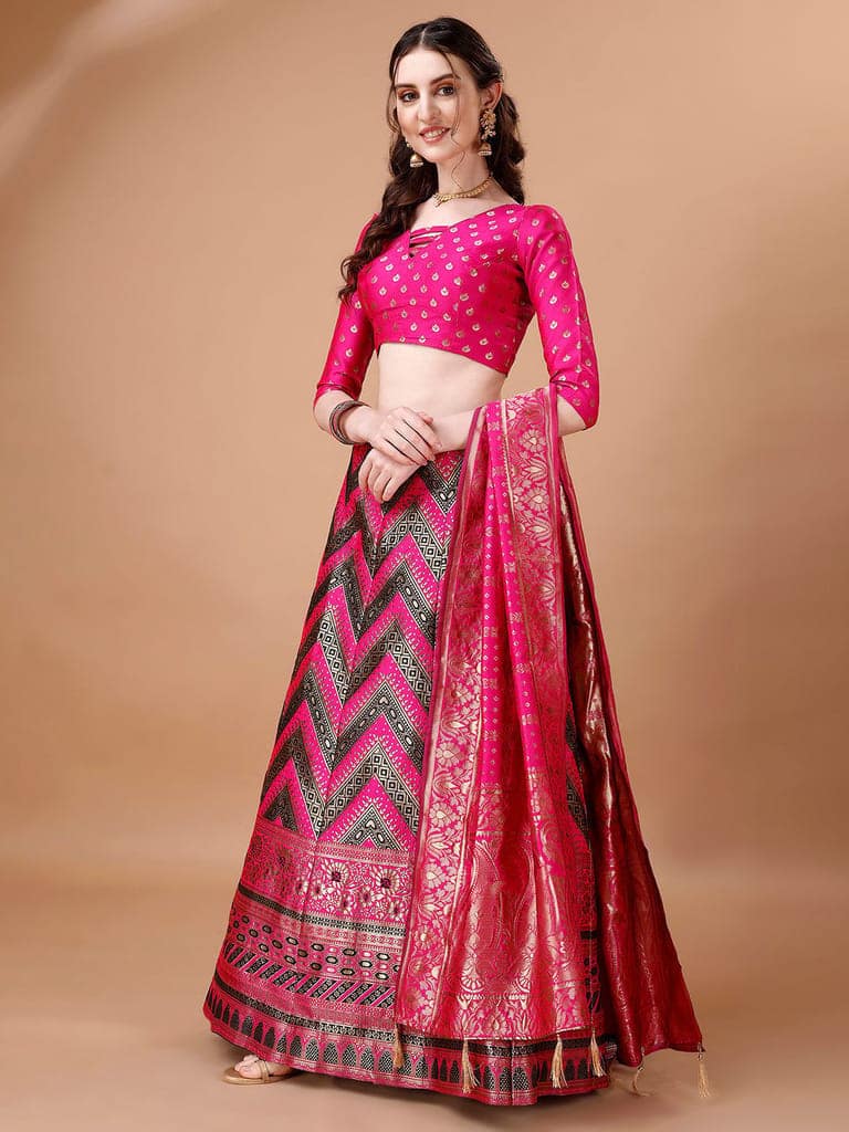 Black & Pink Semi-Stitched Lehenga & Unstitched Blouse With Dupatta view 2