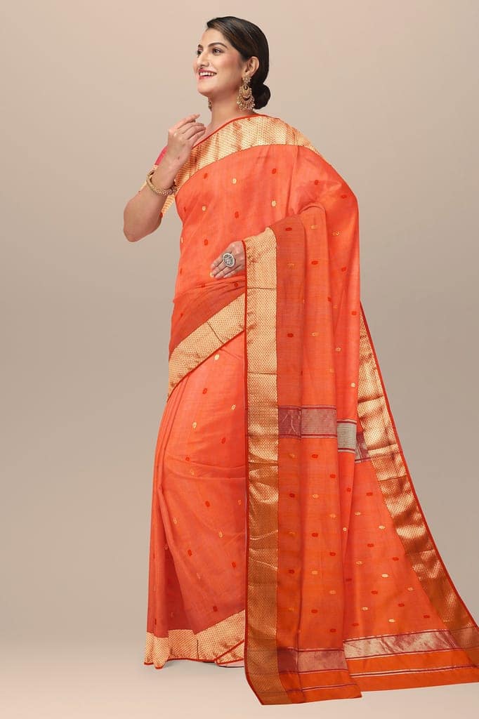 Orange Rui Buti Handwoven Maheshwari Silk with Zari Border Saree SKU-BS10044 view 2
