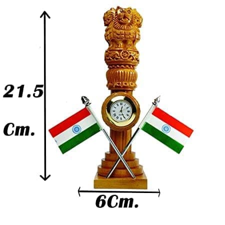 Handmade Wooden Indian Flag Table Clock With Ashoka Stambh 8 Inche, National Symbol Of India. view 2