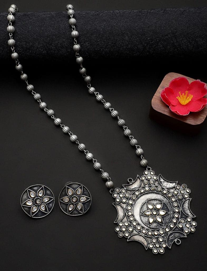 Cardinal Oxidized Metallic & Gold Color Kundan Long Necklace Set view 2