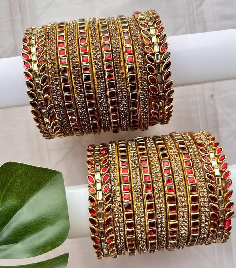 Gold-Toned Red Stone Studded Traditional Bangle Set for Women