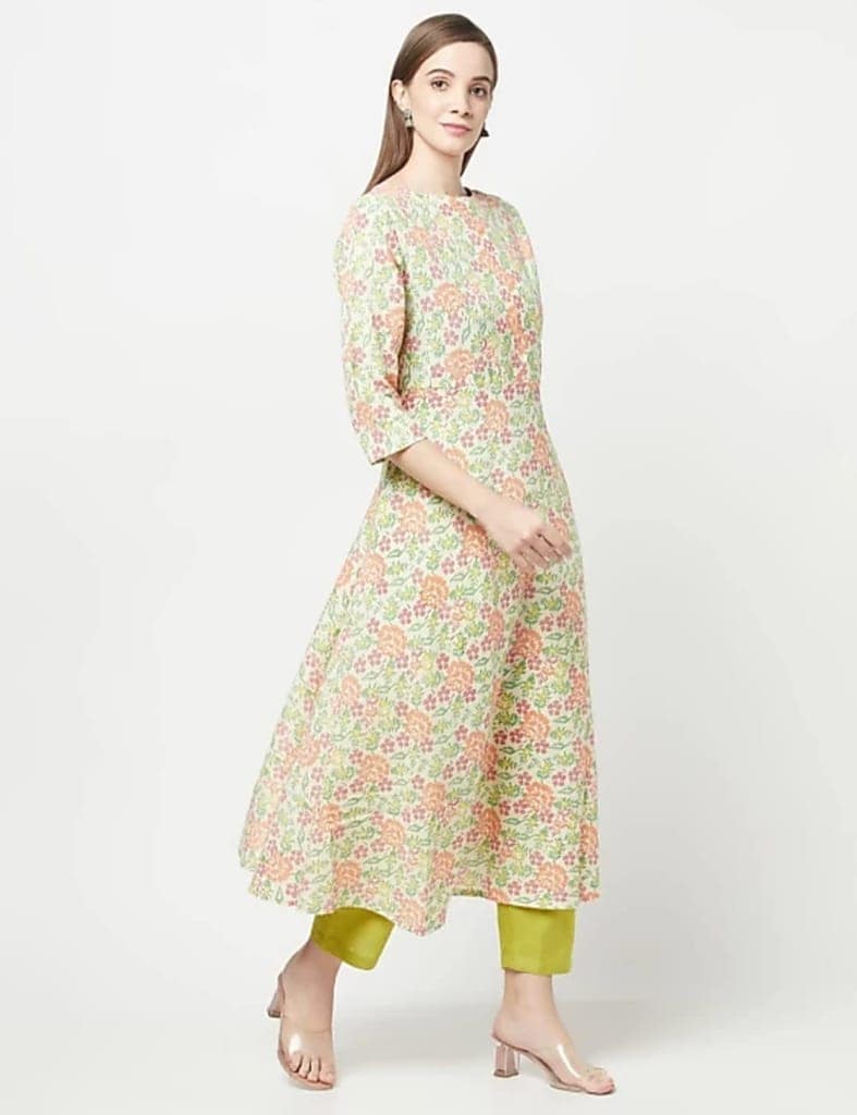 ATTIRIS Women's Cotton Floral Printed Flared Round Neck 3/4th Sleeve Kurta Set with Dupatta, Cream view 2